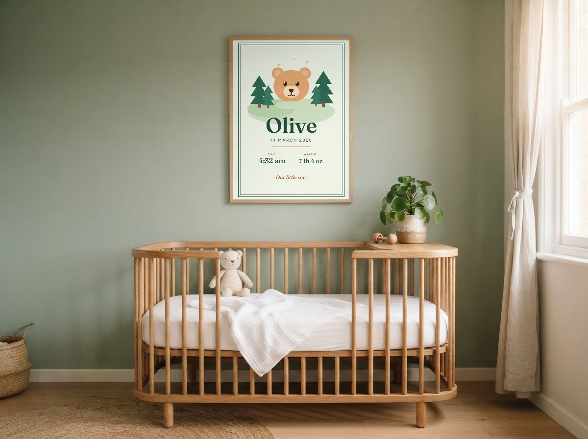 Birth stats print showing a baby's name, birth date, weight and time