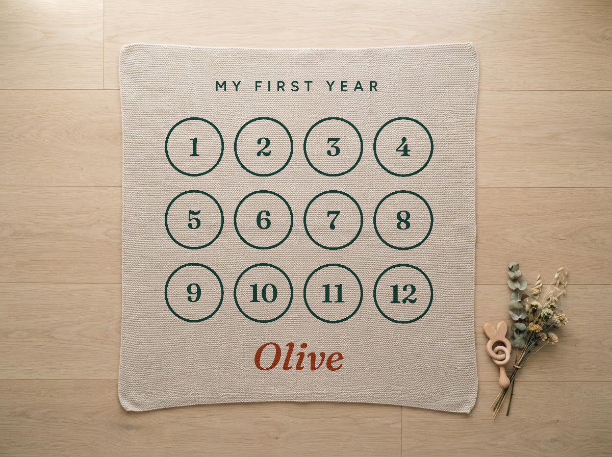 Milestone blanket with twelve numbered squares and a baby's name stitched across the top