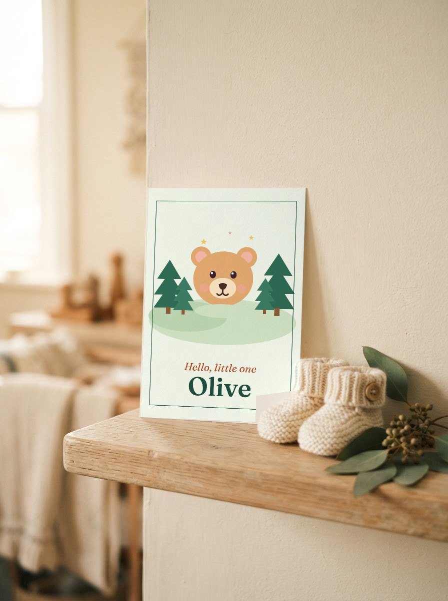 Greeting card with a new baby's name on the front