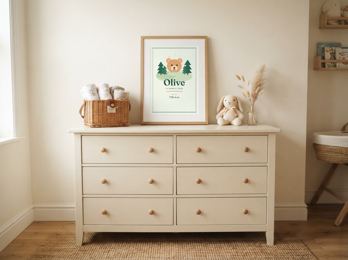 Gift set of a birth stats print and greeting card